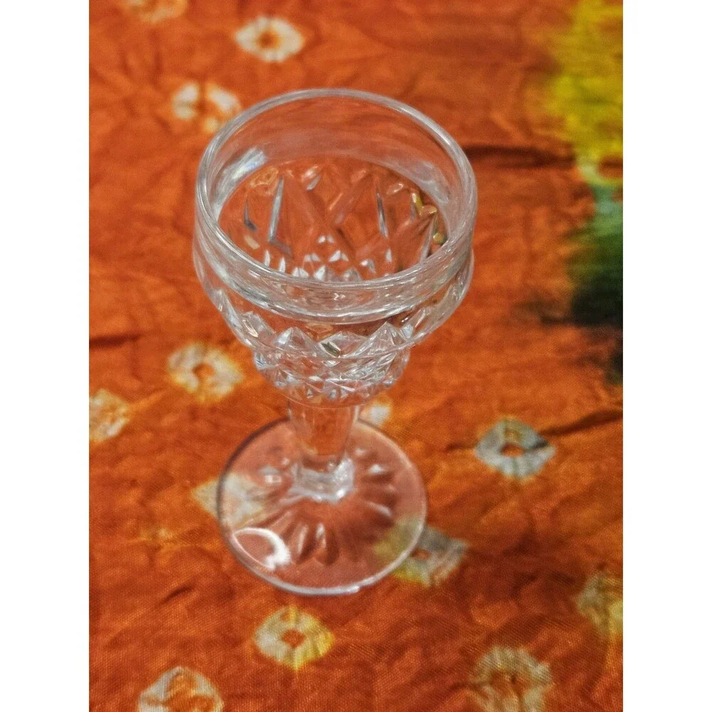 Vintage Cut Glass Decanter Set w/ Stopper & 4 Stemmed Cordial Glasses